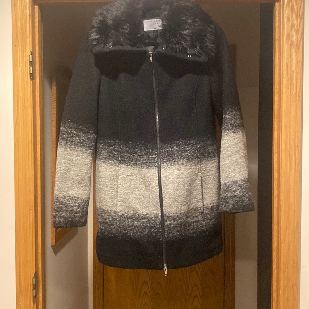Grey and black wool mix coat with faux fur trim